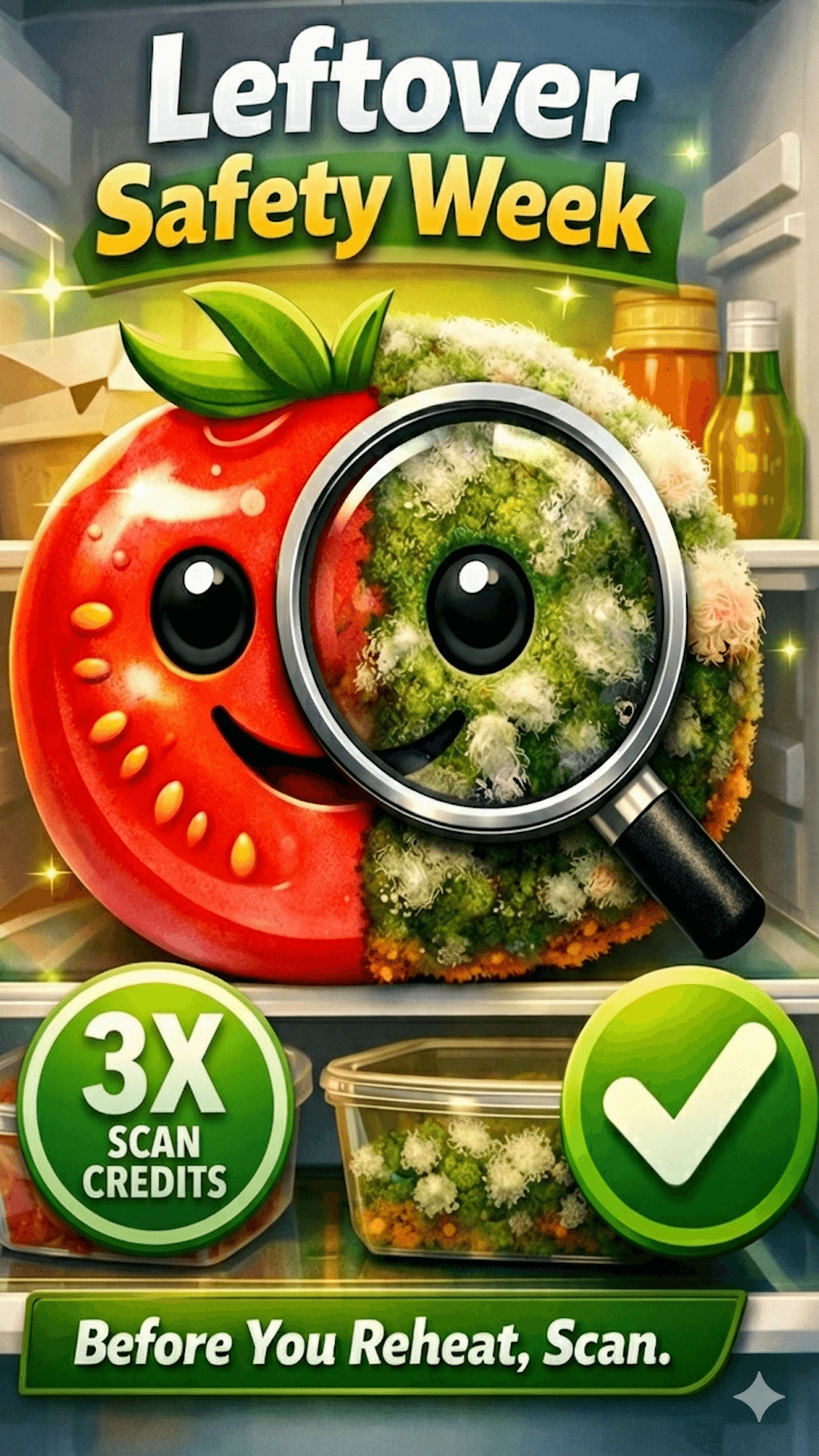 Leftover Safety Week campaign visual showing food scan and 3x scan credits.